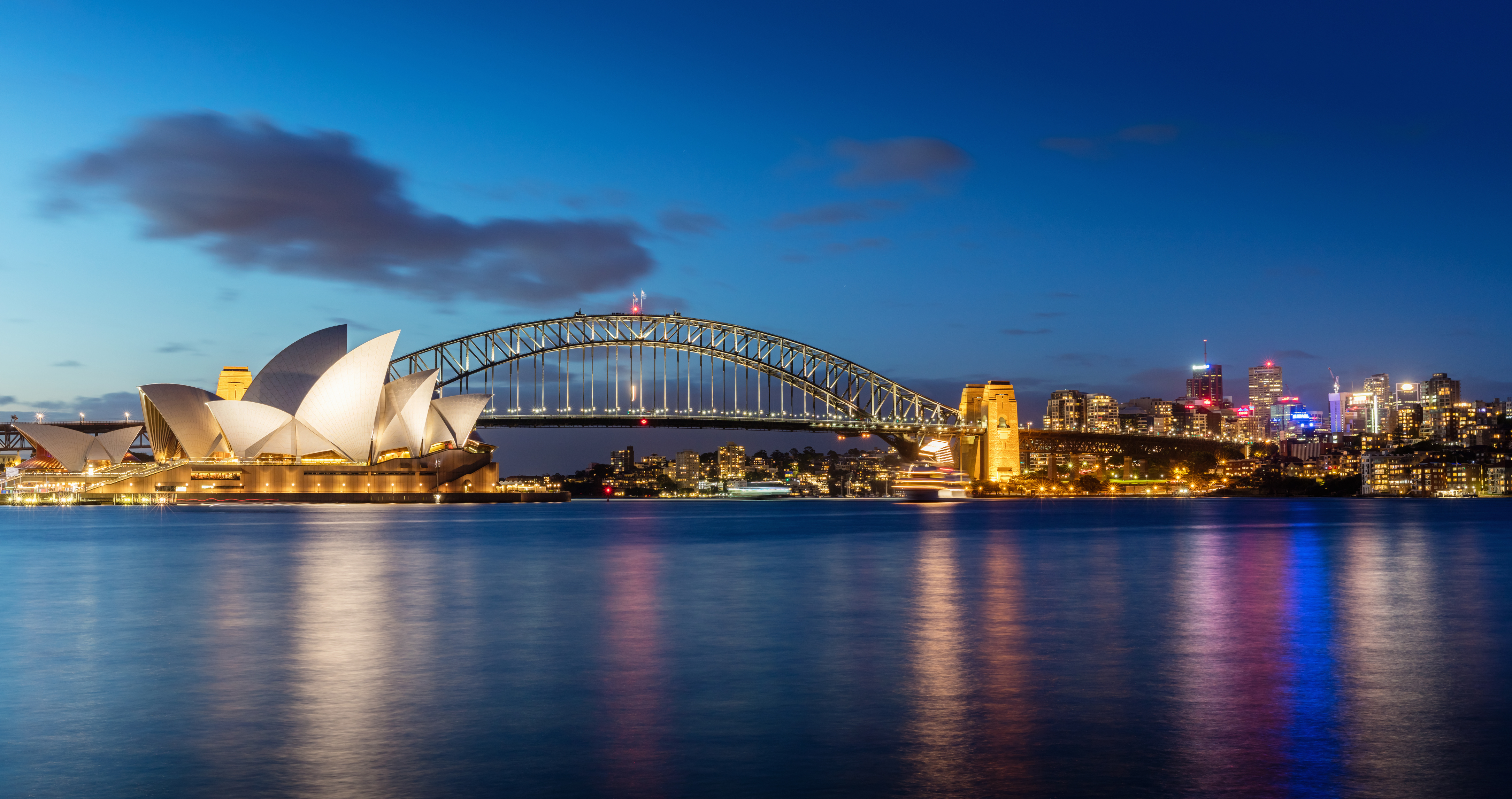 Panoramic view of the opera house and bridge in Sydney, Australia