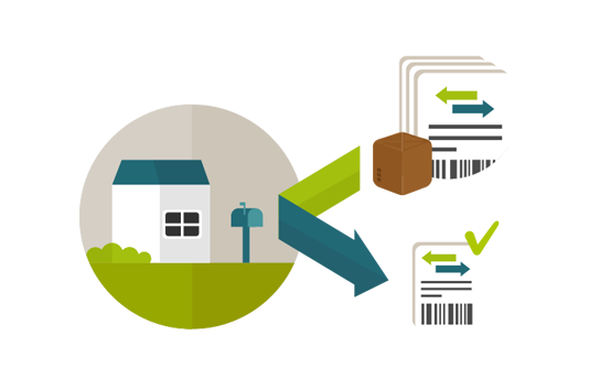 Illustration of a home with an arrow connecting a package to the home and away from the home, as if the package was received and then returned
