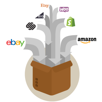 Illustration of Ebay, SquareSpace, BigCommerce, Etsy, WooCommerce, Shopify and Amazon logos are going into a box