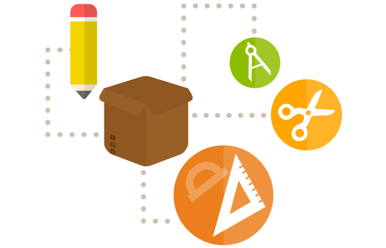 Illustration of a cardboard box in the middle with dotted lines connecting supplies including a pencil, a protractor, scissors and a triangular measuring stick