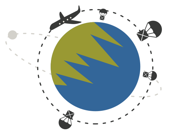 Illustration of earth with a plane dropping packages in various locations. 
