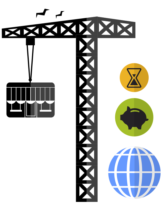 Illustration of a crane with a package, the world wide web symbol and a piggy bank next to it.