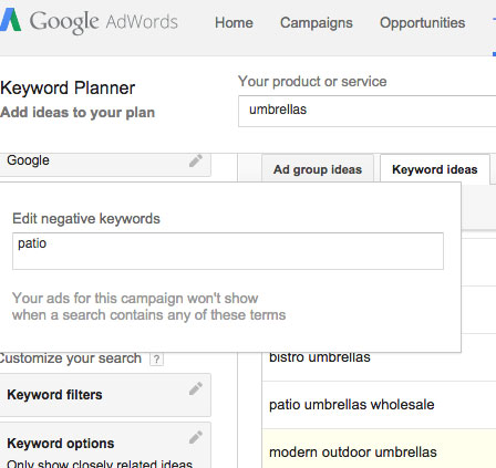 This example shows the Keyword Planner for the term 'umbrellas.'