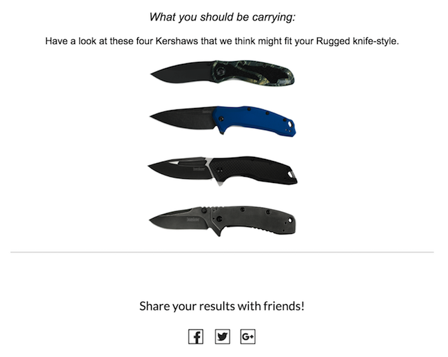 Ecommerce Marketing Content - Kershaw Knives Quiz Result