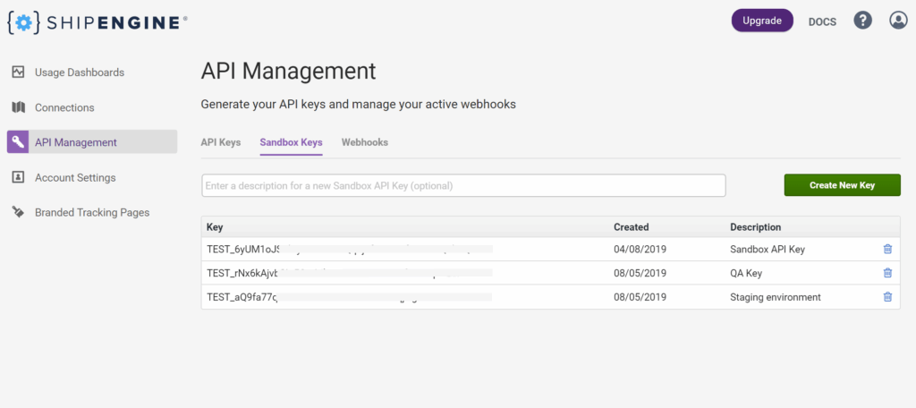 ShipEngine Sandbox Environment Dashboard - How to generate your API keys and active webhooks