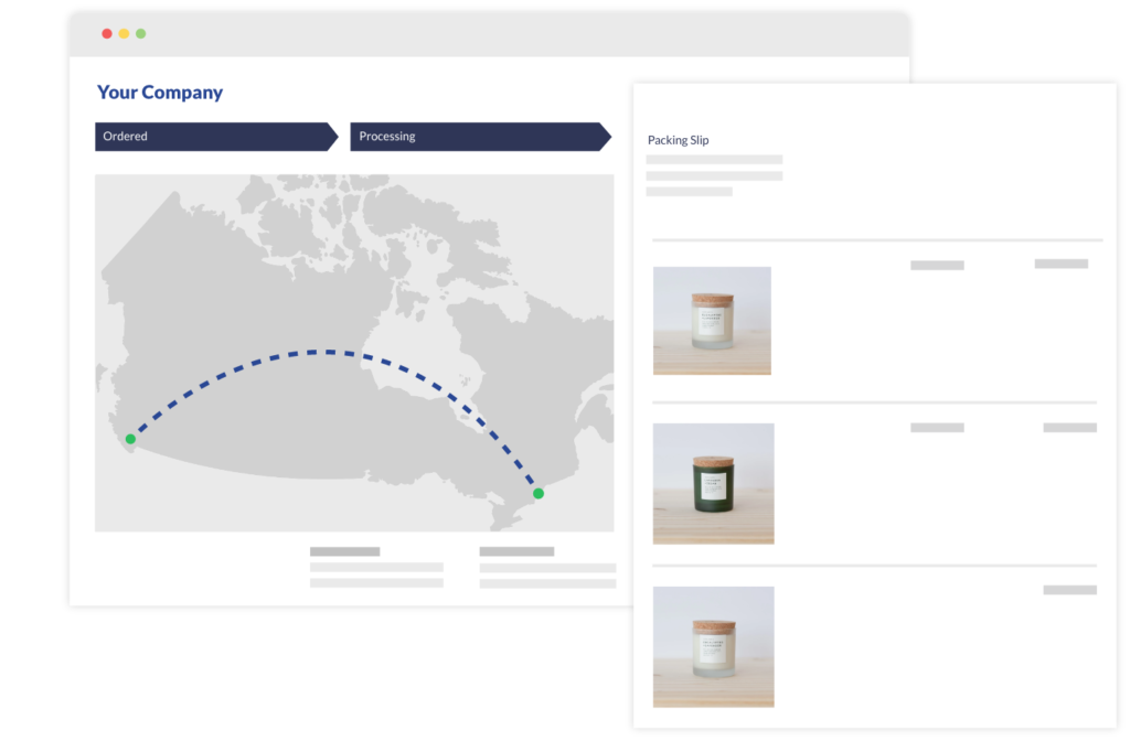 Illustration of branded tracking page in ShipStation with map of Canada and itemized packing list