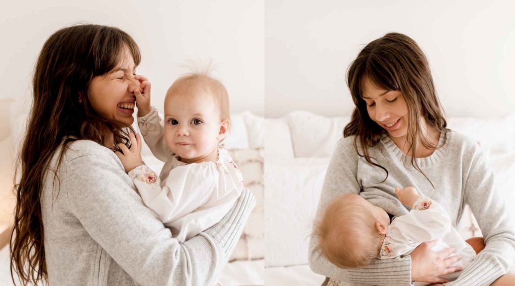 Woman holding baby and woman breastfeeding baby