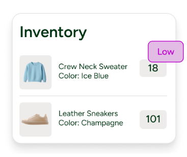 Inventory panel showing a low stock alert