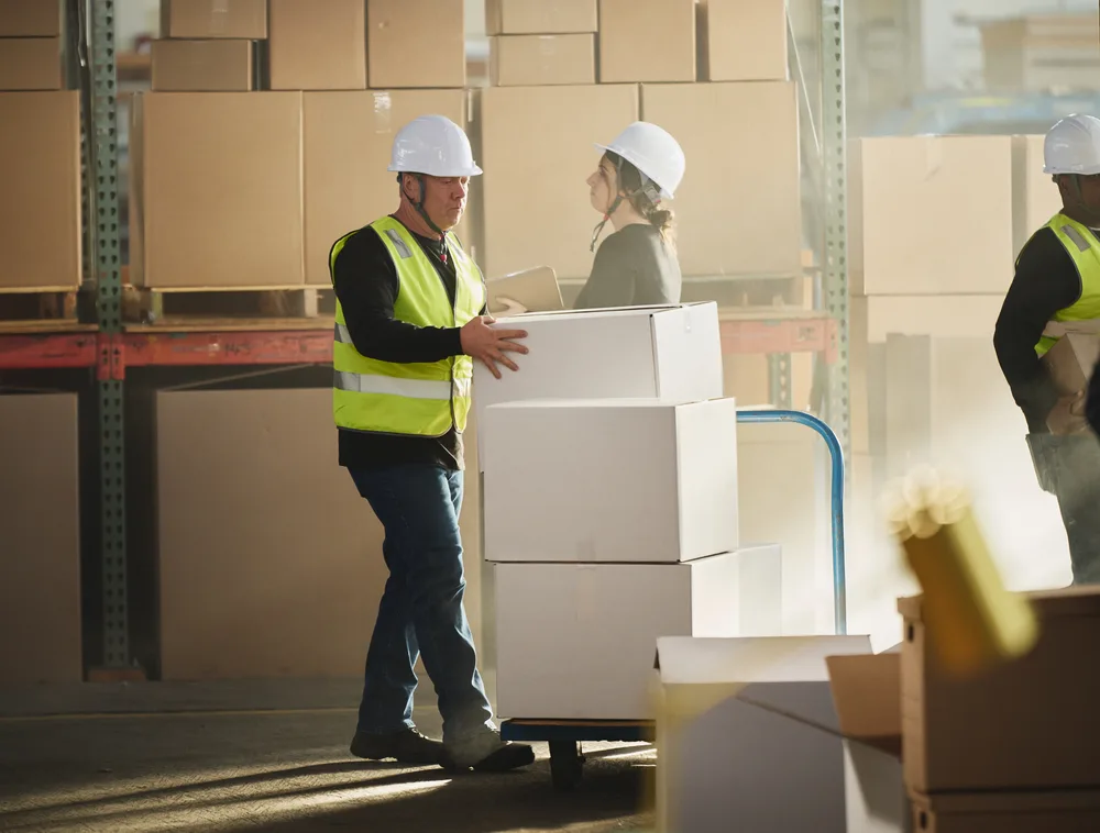 Warehouse worker in a hard hat and safety vest stacking white boxes on a hand truck while a coworker checks a clipboard