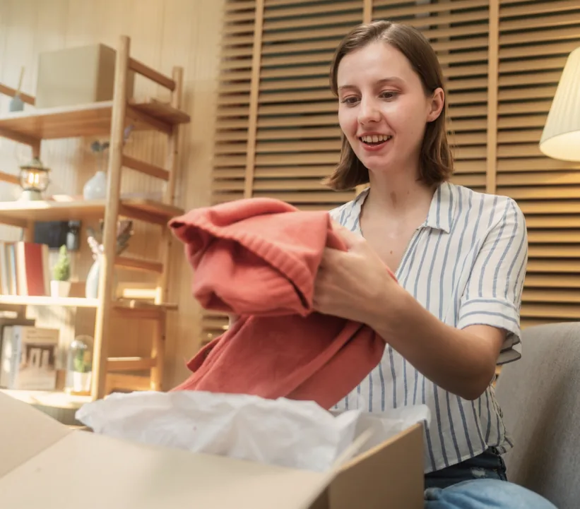 Smiling woman unpacking a coral sweater from a delivery box