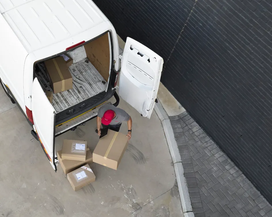 Delivery driver unloading boxes from a white van, seen from above