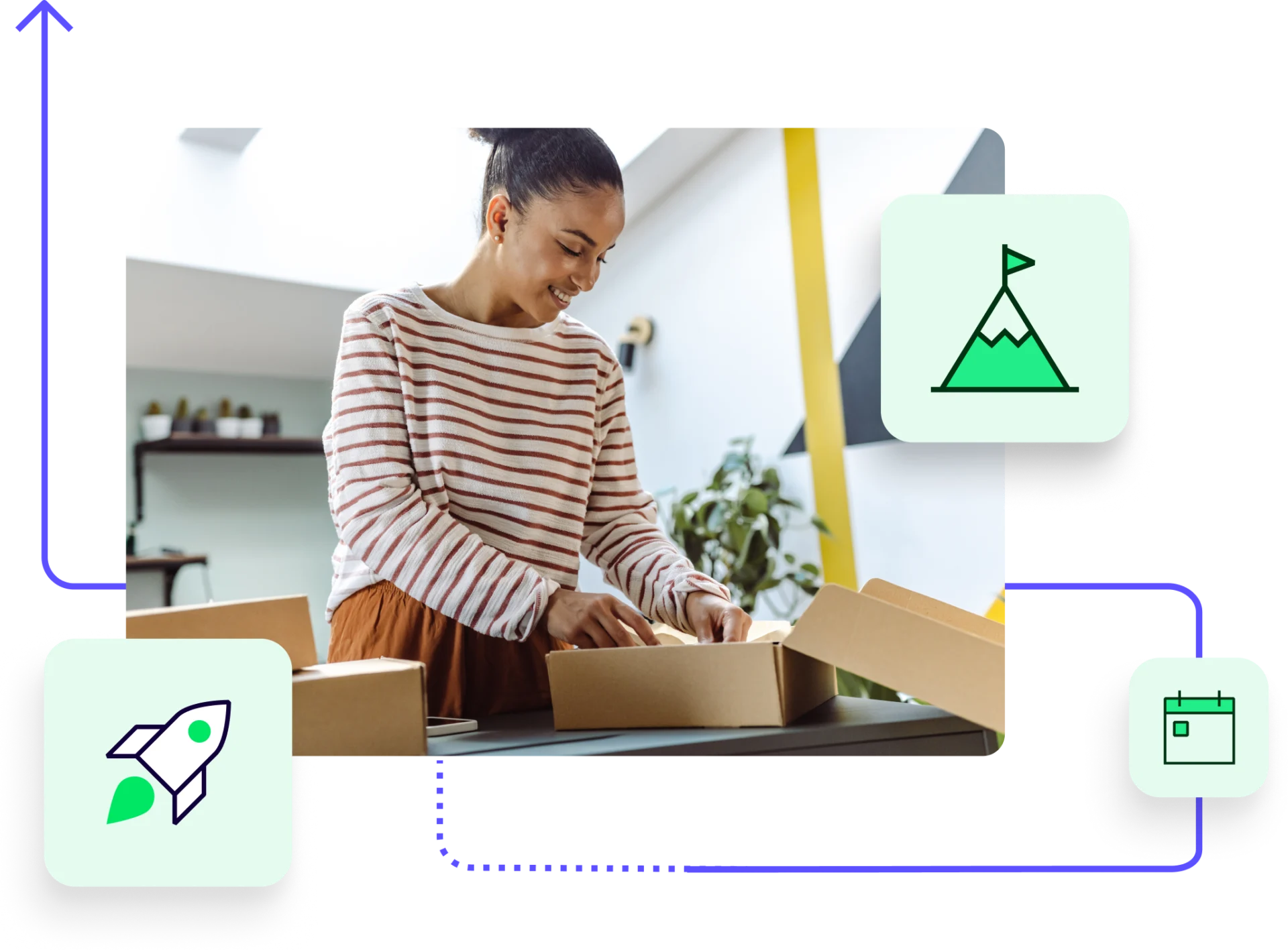 The Peak Season Playbook guide illustration of a merchant packing boxes with calendar, summit, and rocket icons
